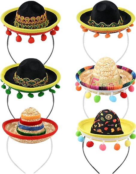 GLAITC Mini Mexican Sombrero Hats Headbands 6 Pieces Cute Straw