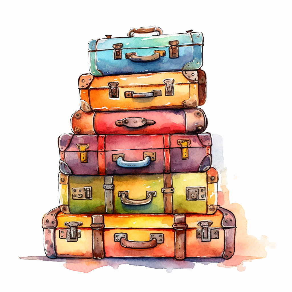 Watercolor Set Of Traveler S Suitcases And Accessories On Colorful