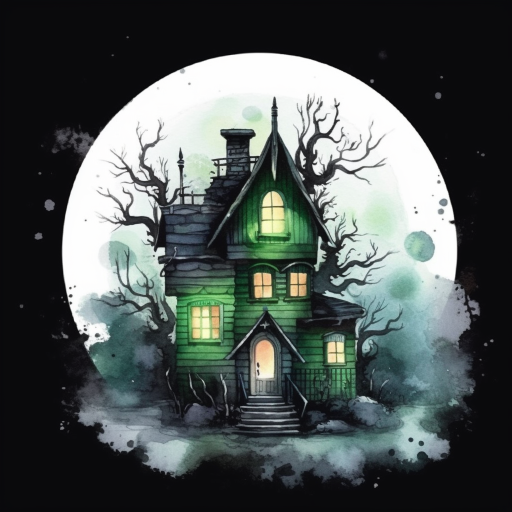 Watercolor Style Spooky Halloween Haunted House With Full Moon Behind