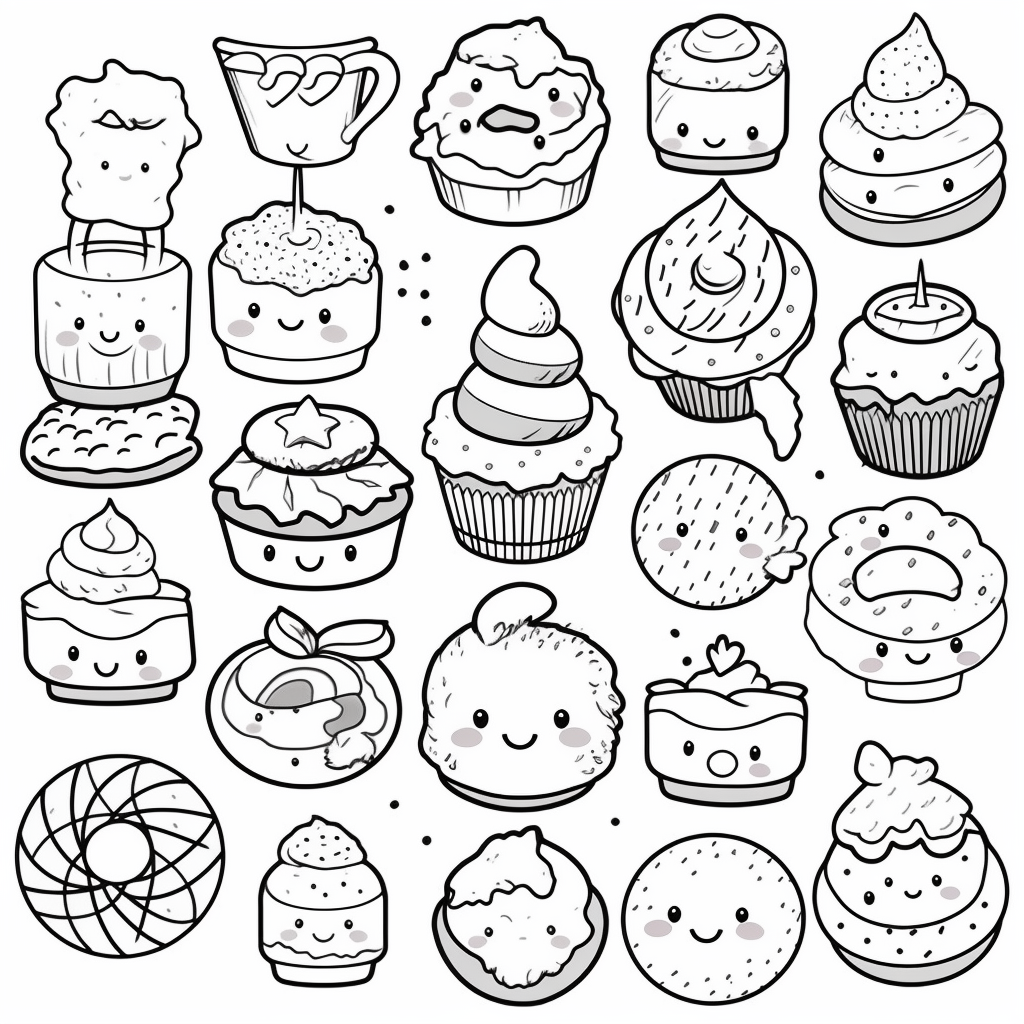 Vector Line Art Kawaii Desserts Clipart Set Kawaii Food Cute Food