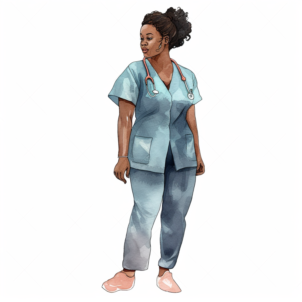 Single Black Overweight Woman Nurse Watercolor Clipart Full Body