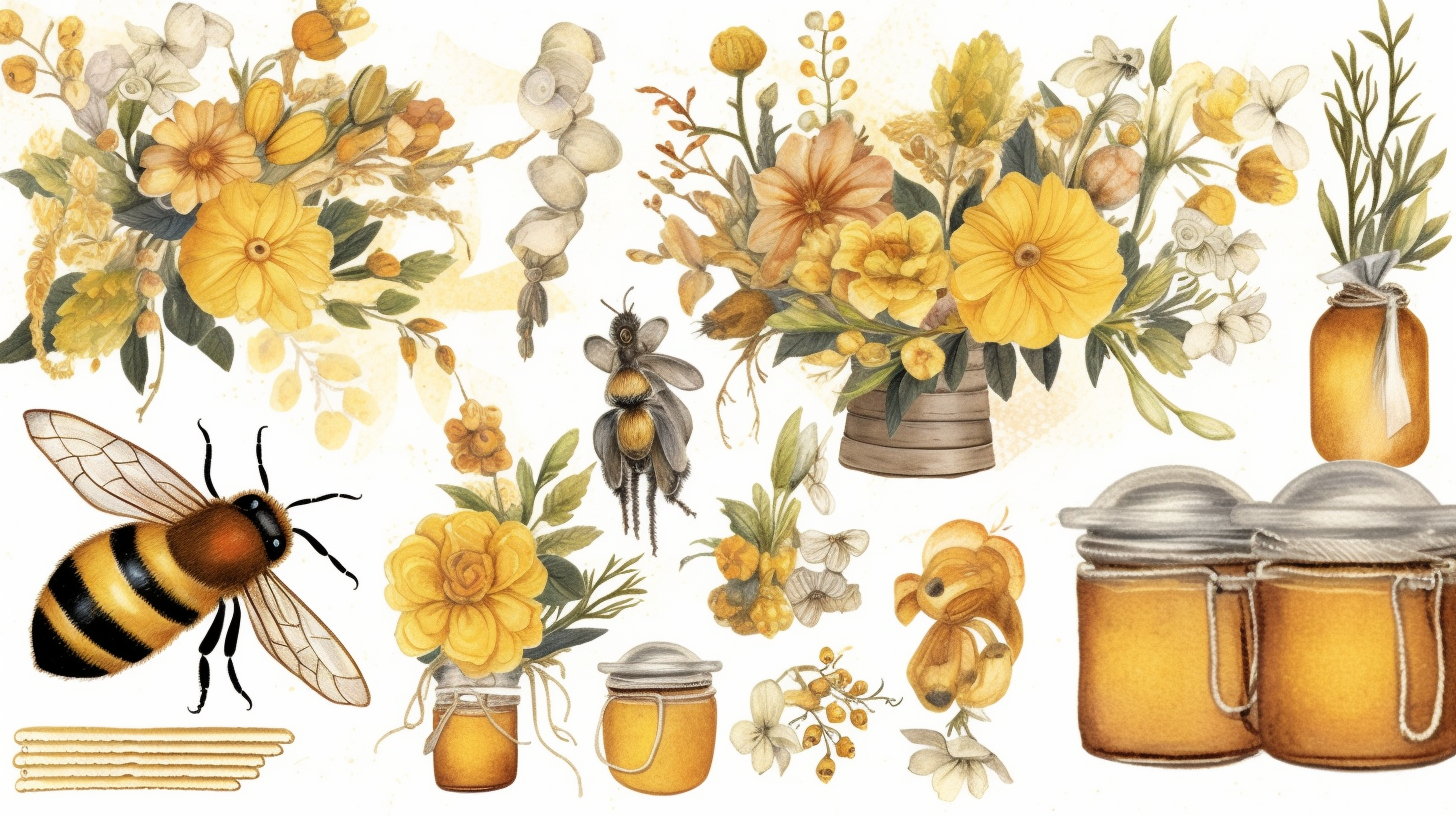 Watercolor Honey Bee Clipart Beehives And Flower Arrangements In The