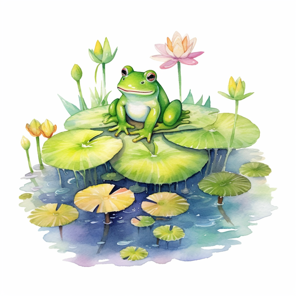 Watercolor Lily Pond Clipart Springtime Cute Lily Pad And Frog Pond