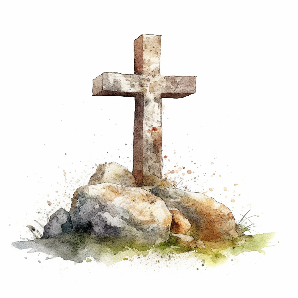 Watercolor Of A Stone Christian Cross High Quality Detailed