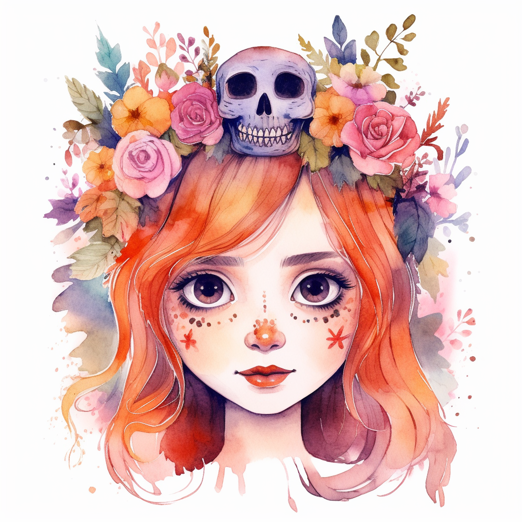 Cute Girl Floral Clipart Watercolor With Skull Space Eyes Clip Art