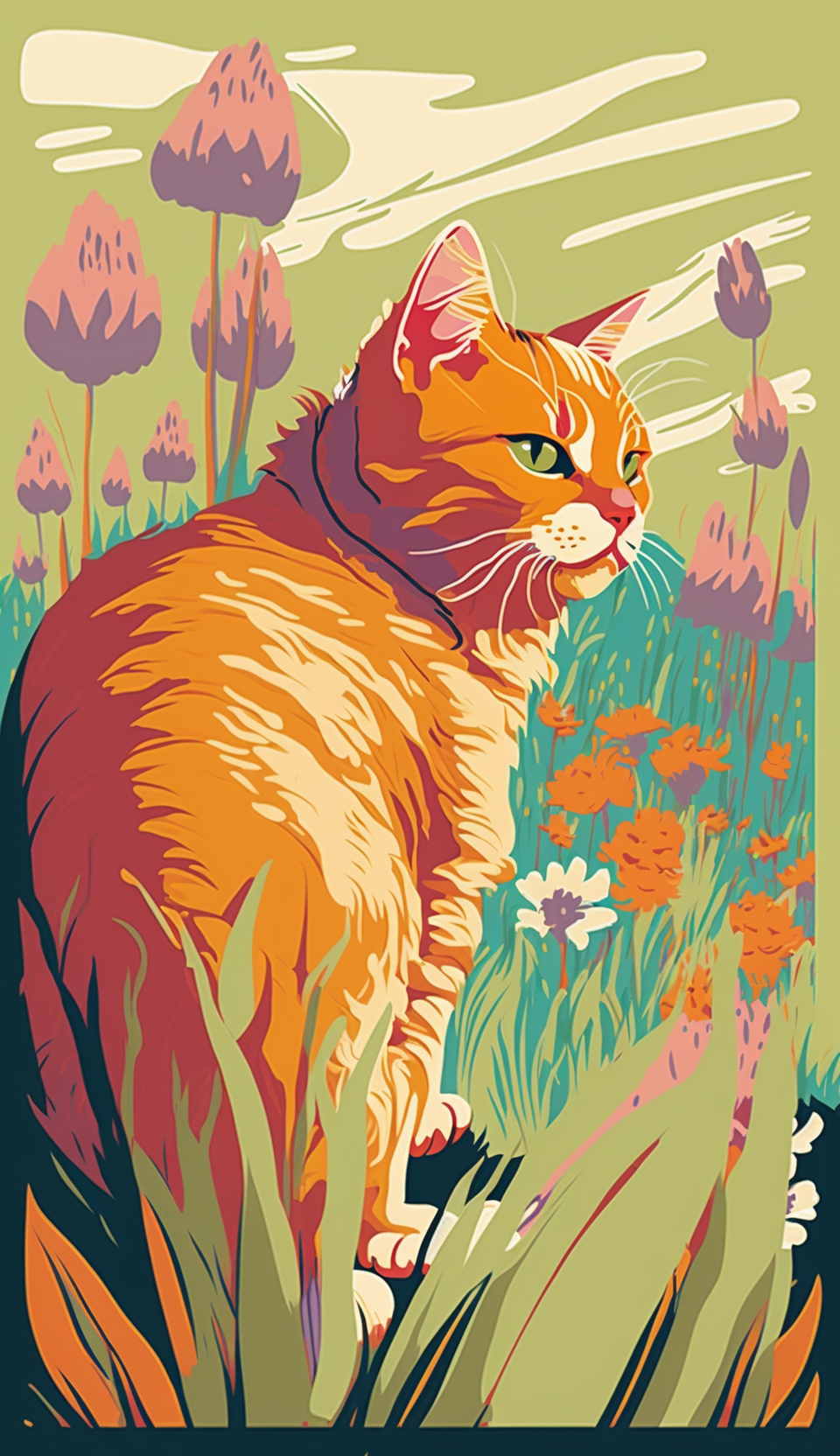 Expressionist Cat In Flower Field Painting Ginger Cats Silute With