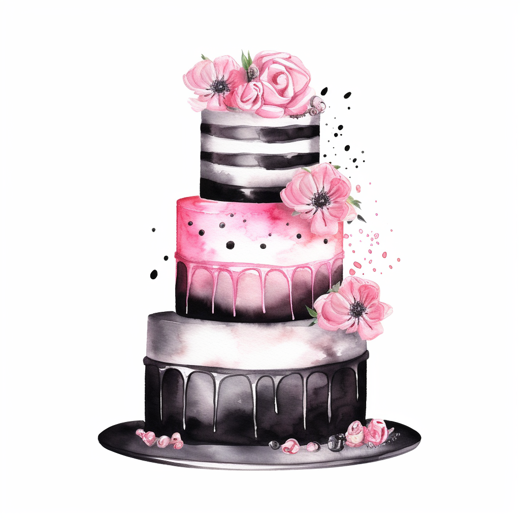 Watercolor Pink And Black Birthday Cake Drawing Illustration Clipart