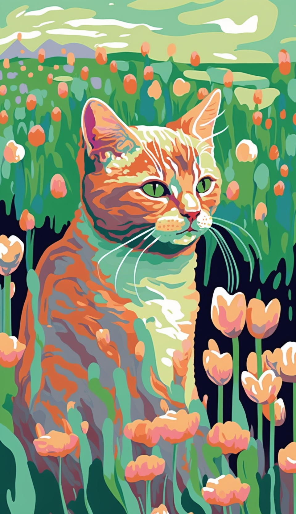 Expressionist Cat In Flower Field Painting Ginger Cats Silute With