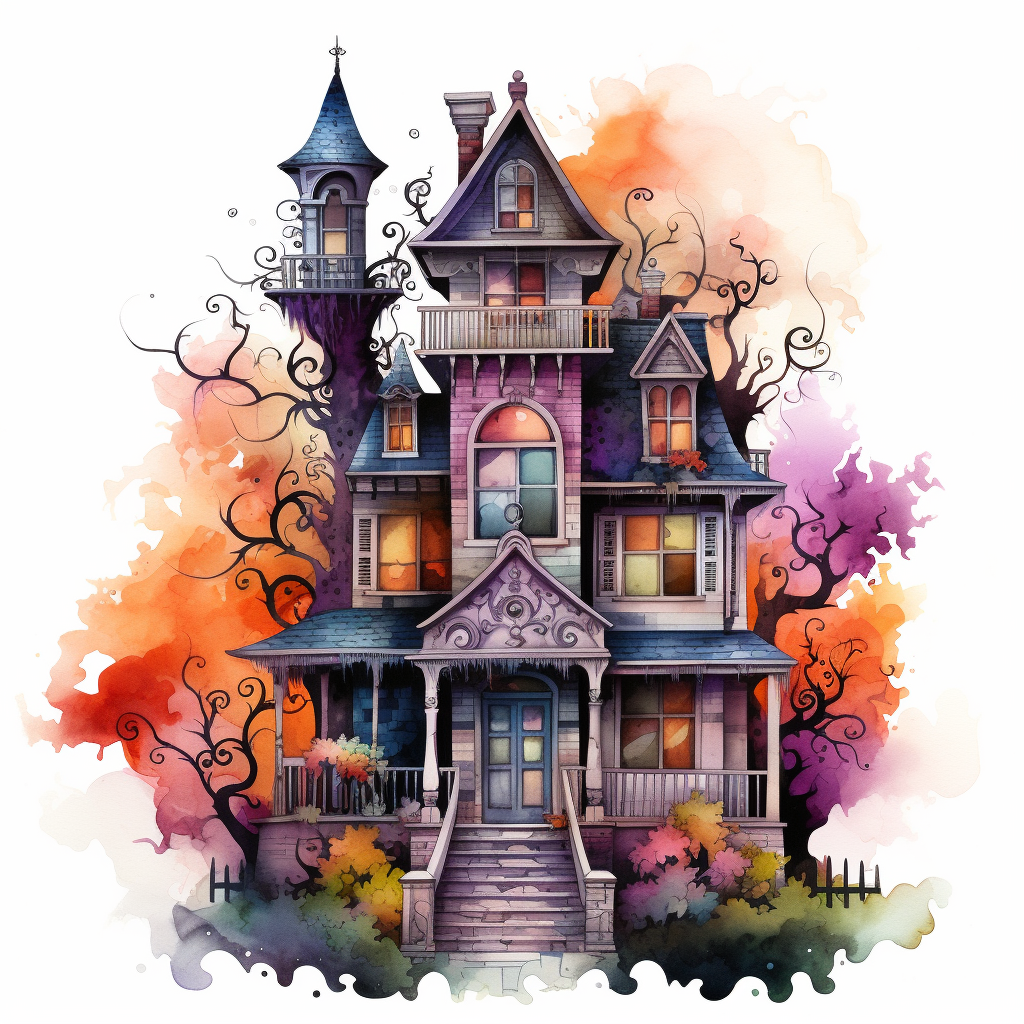 Elaborate And Detailed Colorful Watercolor Haunted House Clip Art