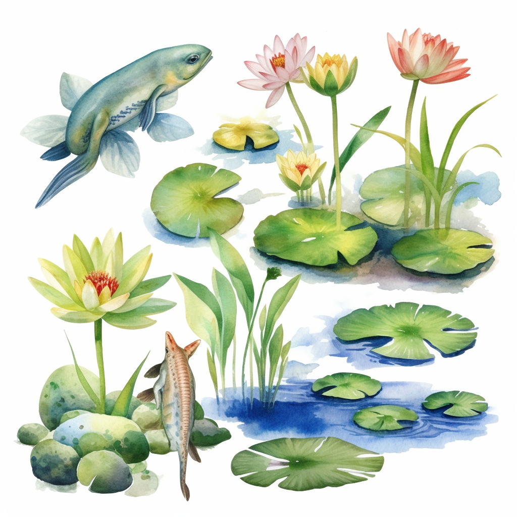 Watercolor Lily Pond Clipart Lily Pad And Frog Pond CLIPART Fish And