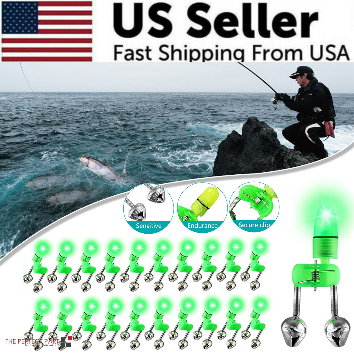 10/40 PC LED Night Fishing Bite Bait Alarm 2 Bells Light Rod Tip ...