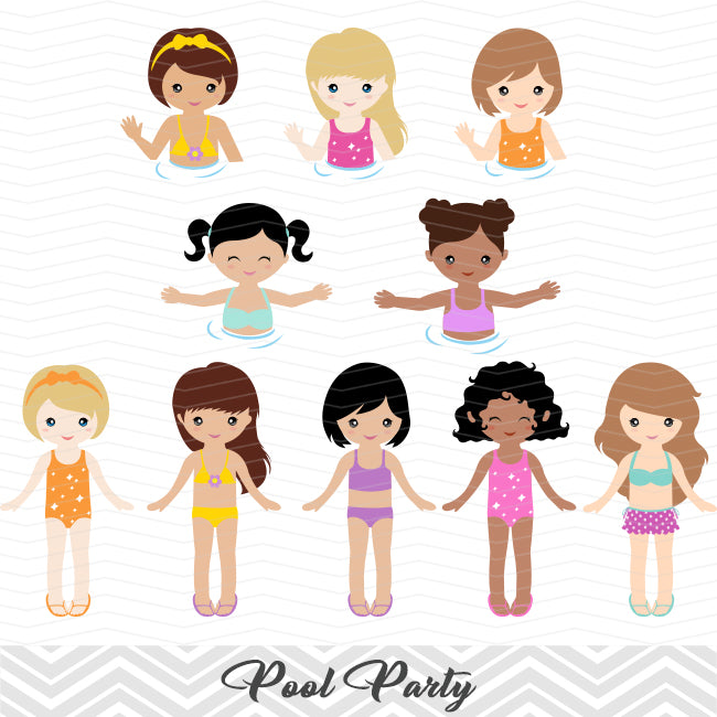 Girls Pool Party Clip Art, Girls Swim Party Clipart, Summer Pool ...