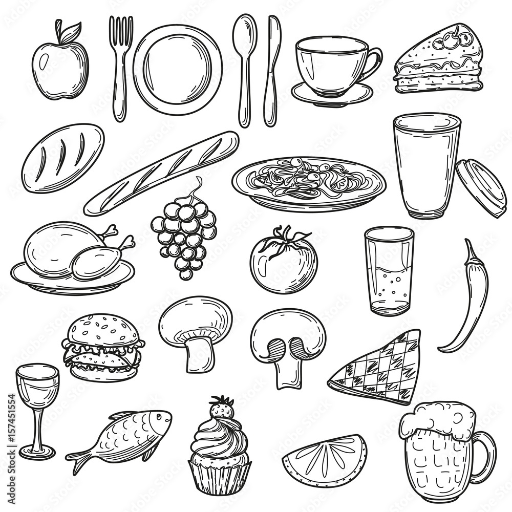 Hand drawn food doodles, line art simple sketches isolated on ...