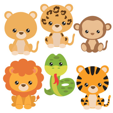 Cute sitting baby animals vector cartoon illustration. Jungle ...