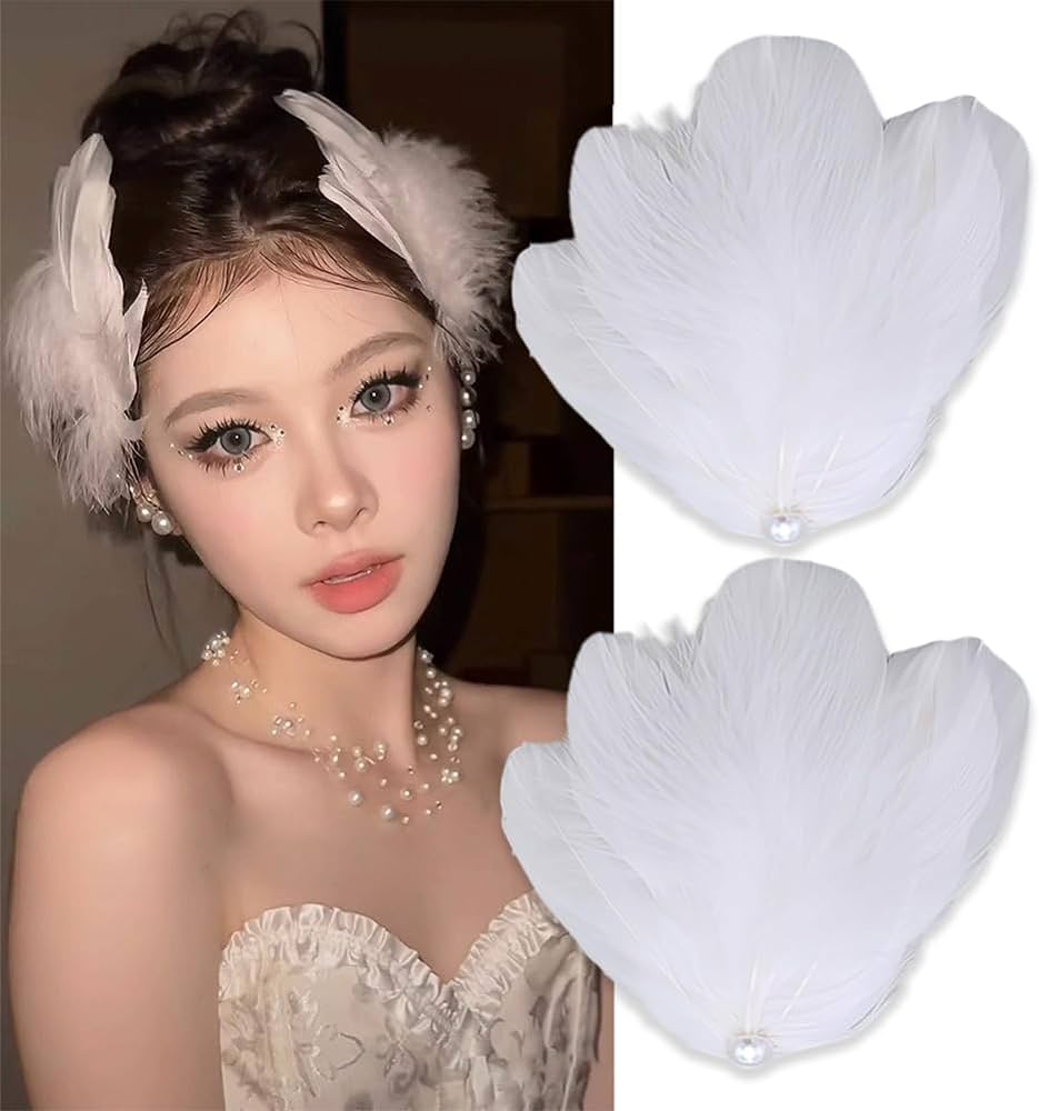 White Feather Hair Clip Ballet Style Pearl Ostrich White Swan Feather ...