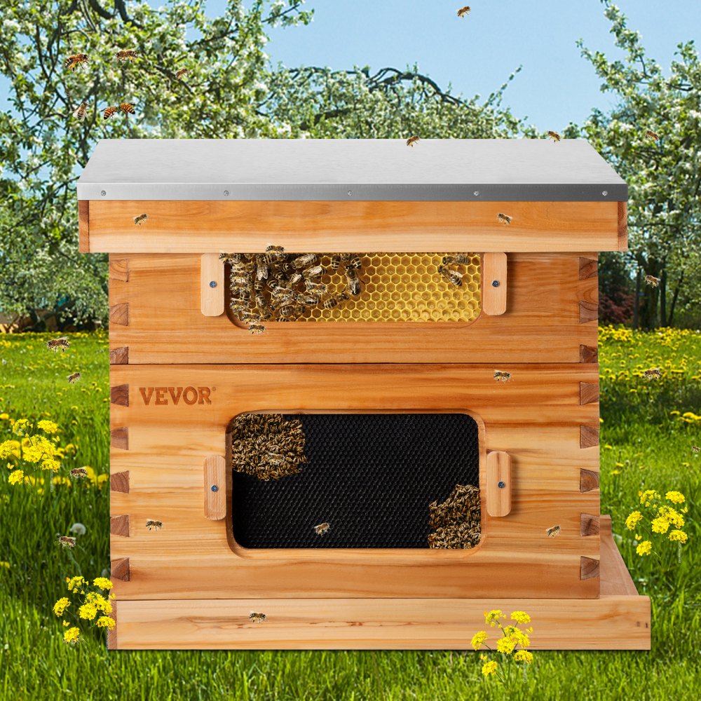 VEVOR Beehive Box Kit Bee Honey Hive 20 Frames 1 Deep 1 Medium Natural ...