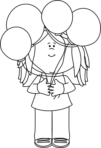 Black and White Girl Holding a Bunch of Balloons Clip Art - Black ...