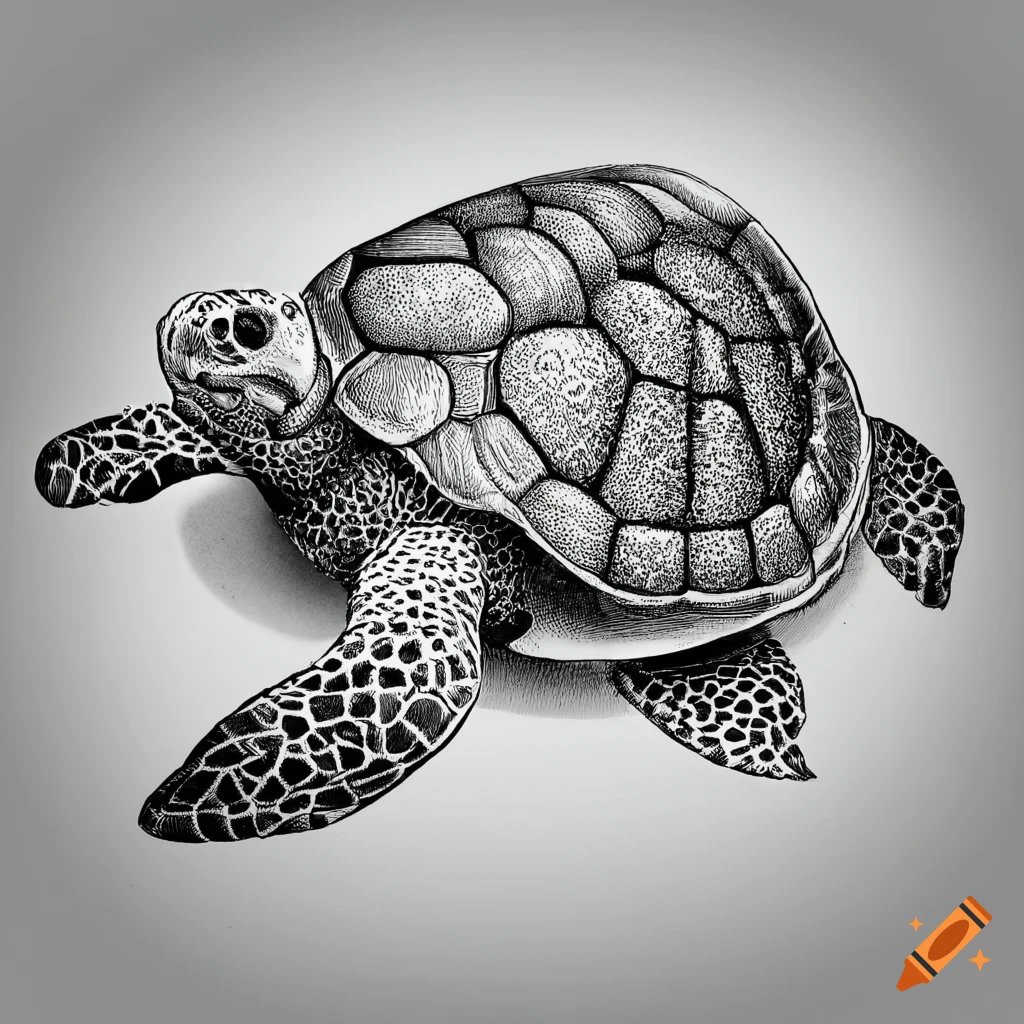 Black and white line art of a sea turtle with four legs. full body ...