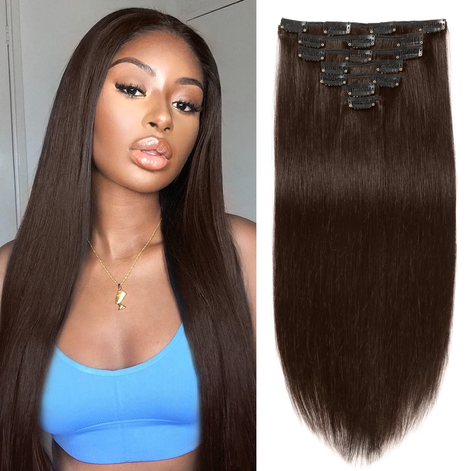 Clip in Hair Extensions Real Human Hair for Black Women 20 Inch 2 ...