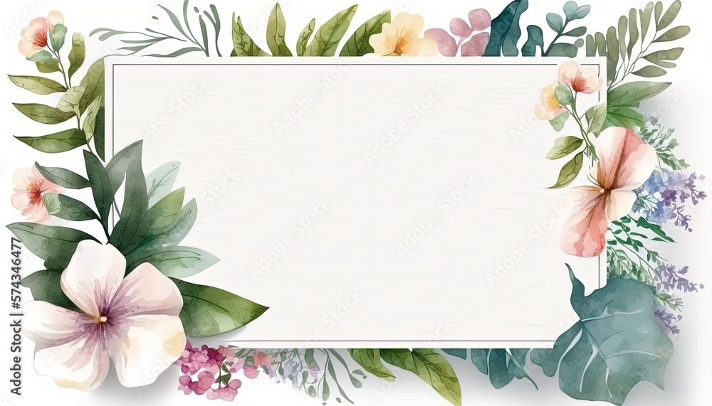 Watercolor Blank greeting card template with beautiful flowers ...