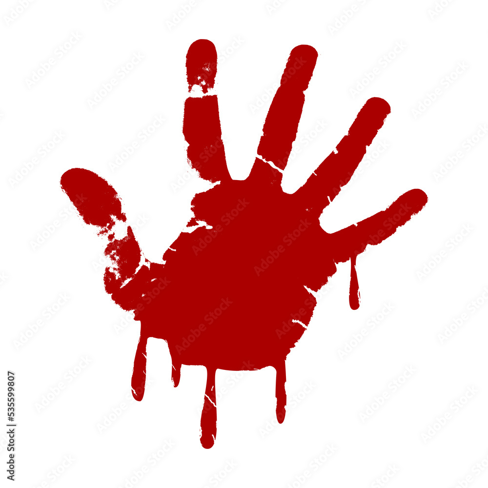 Bloody hand print with dripping blood. Red palm imprint with drops ...