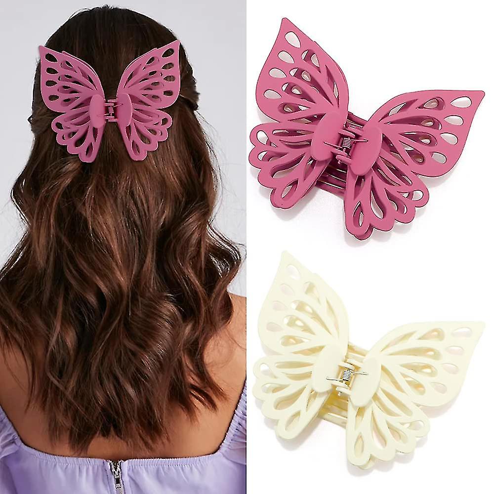 2pcs Butterfly Claw Clips Pink & White Big Butterfly Hair Clips Matte ...