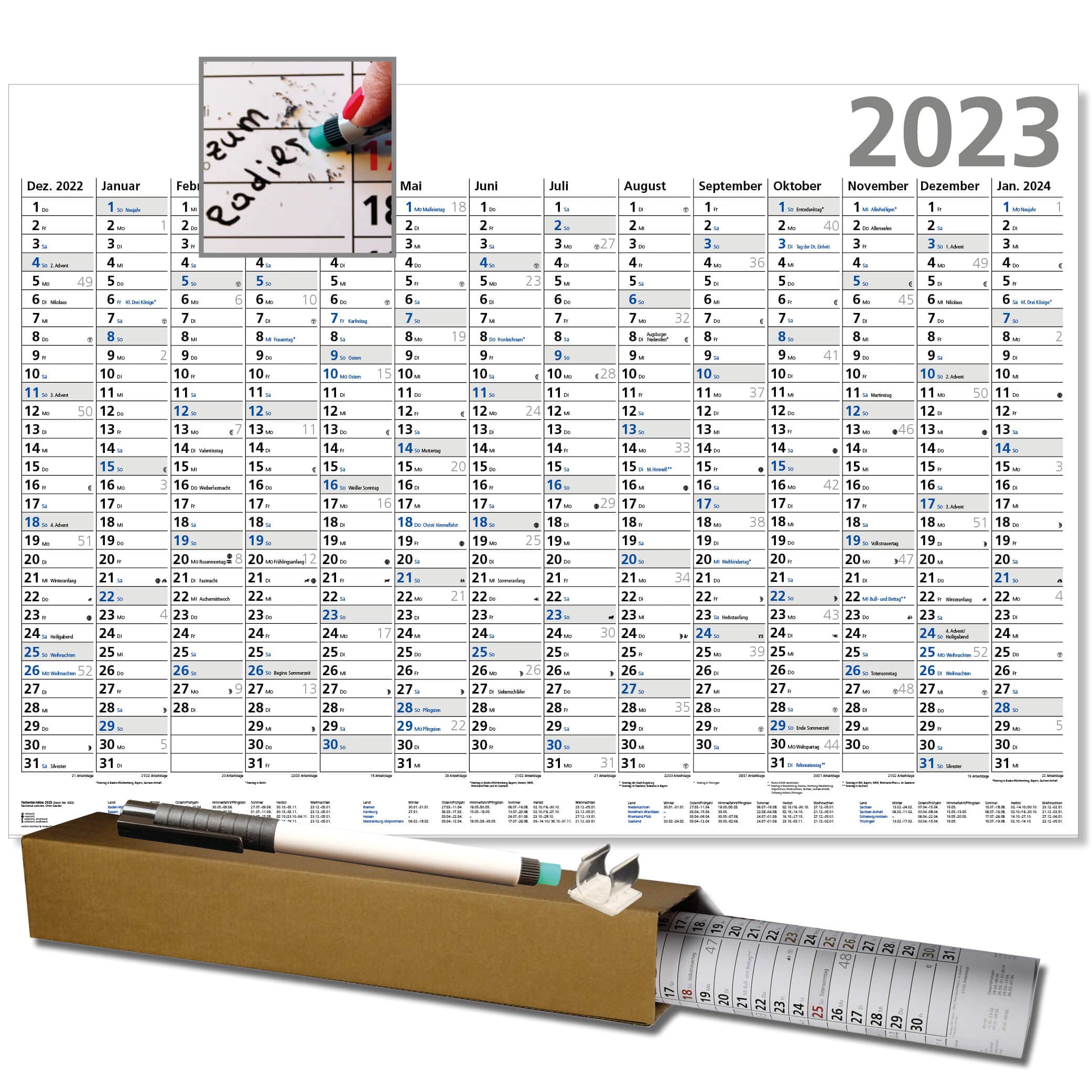 Large Wall Calendar XXL 2024 Wipe Clean in Blue with Foil Pen Annual Calendar 24 Washable Wall