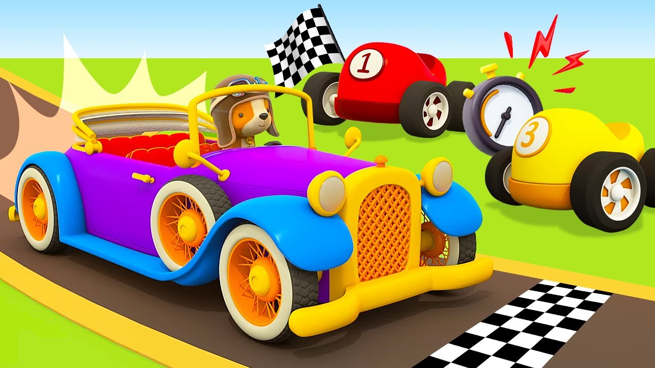 Racing cars at the double loop! The retro car for kids. Helper cars ...