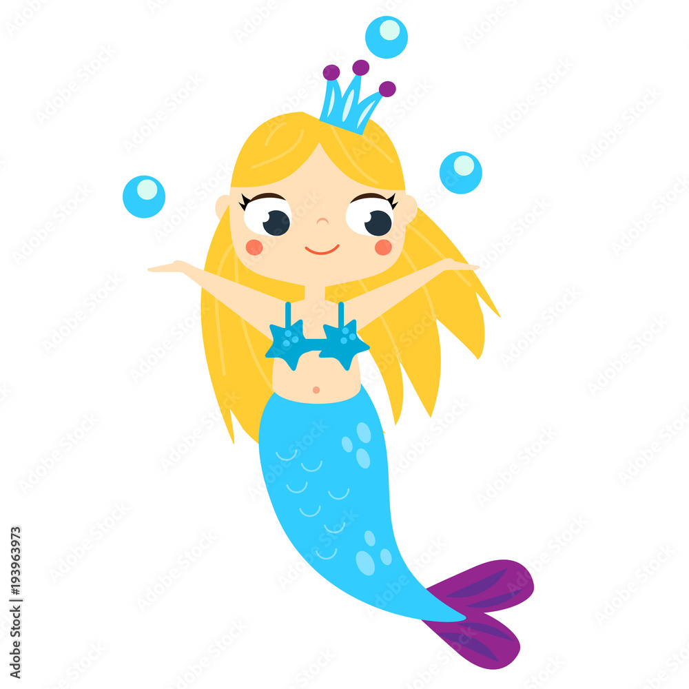 Mermaid playing with bubbles. Cute cartoon smiling mermaid clip ...