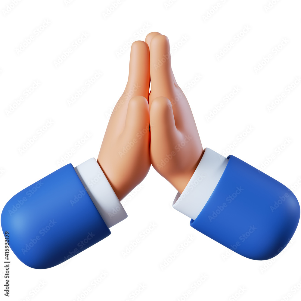 3d illustration. Cartoon character hands prayer gesture. Hope ...