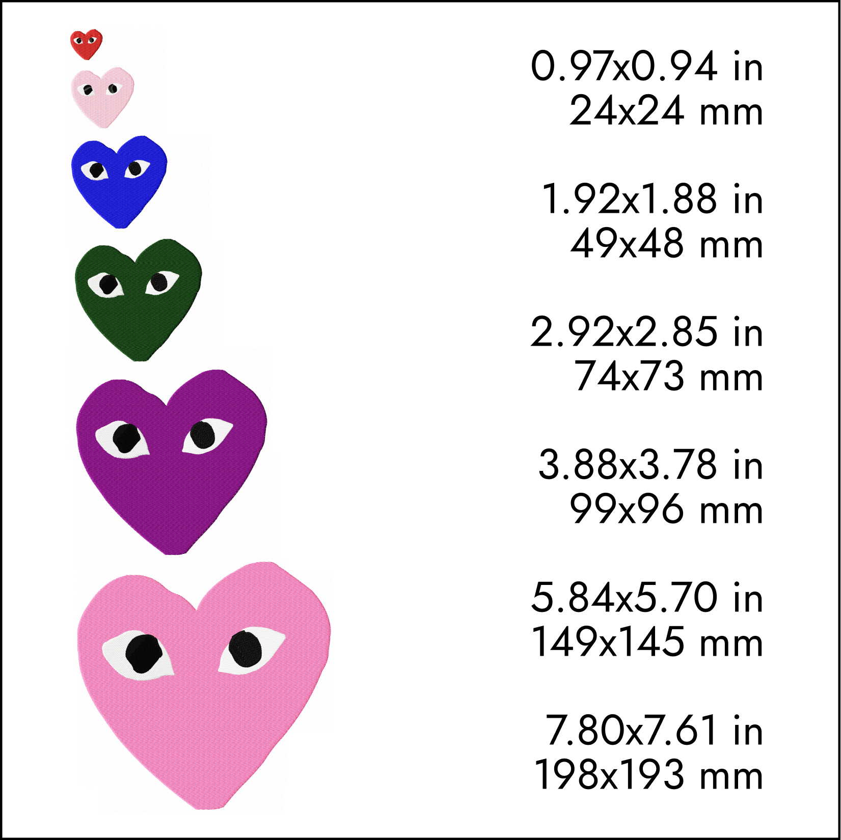 Comme Des Garcons Embroidery Design, Heart Eyes Fashion Logo, 6 Sizes 