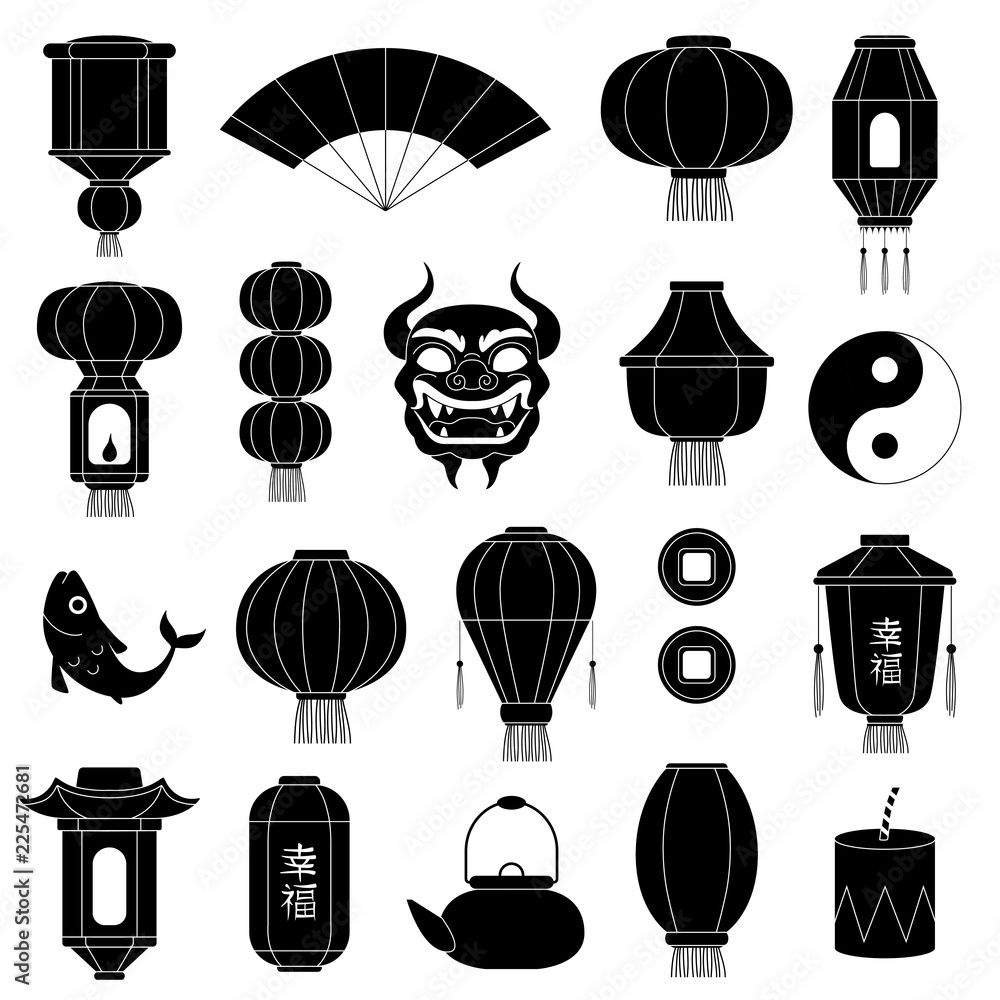 Chinese symbols silhouettes. Asian paper lanterns mask of dragon ...