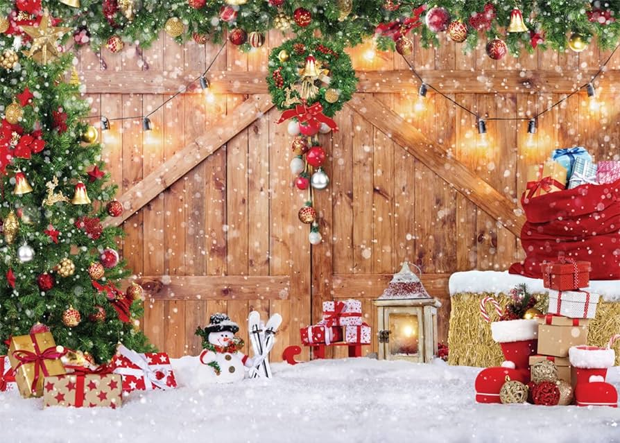 LYCGS Christmas Backdrop Rustic Christmas Barn Door Photography ...