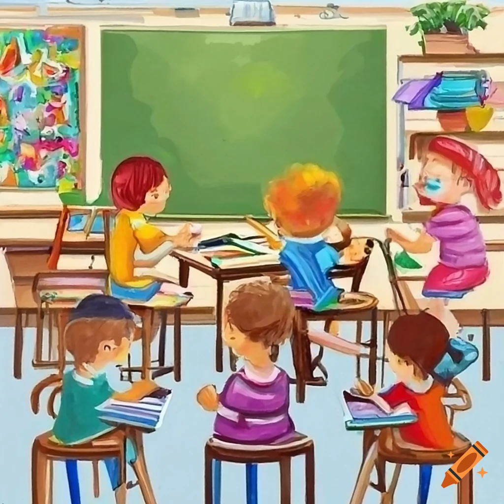 Classroom scene with children engaged in different activities on ...