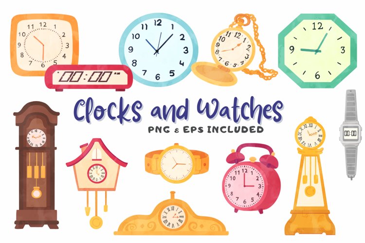 Clocks and Watches Watercolor Style Clip Art - Clip Art Library