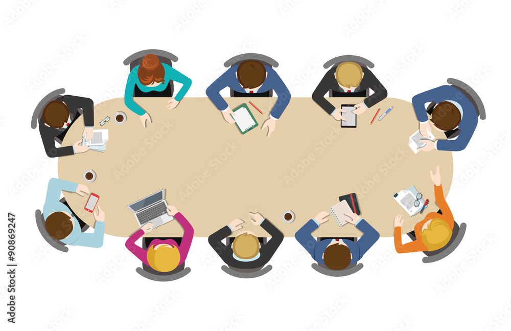 Flat business meetings office brainstorm: staff, top view table ...