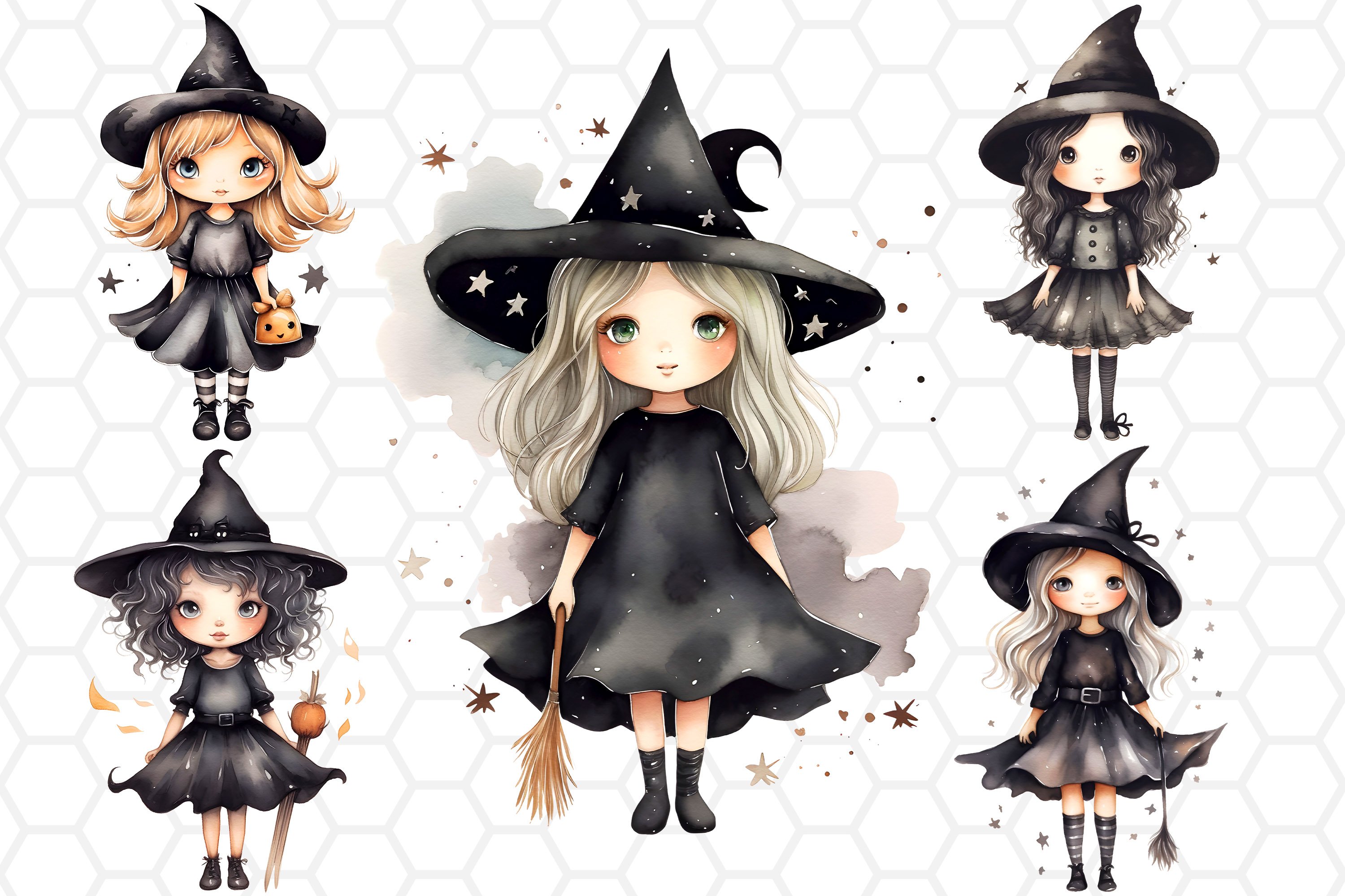 Watercolor Cute Witch Cliparts, Sublimation PNG - Clip Art Library