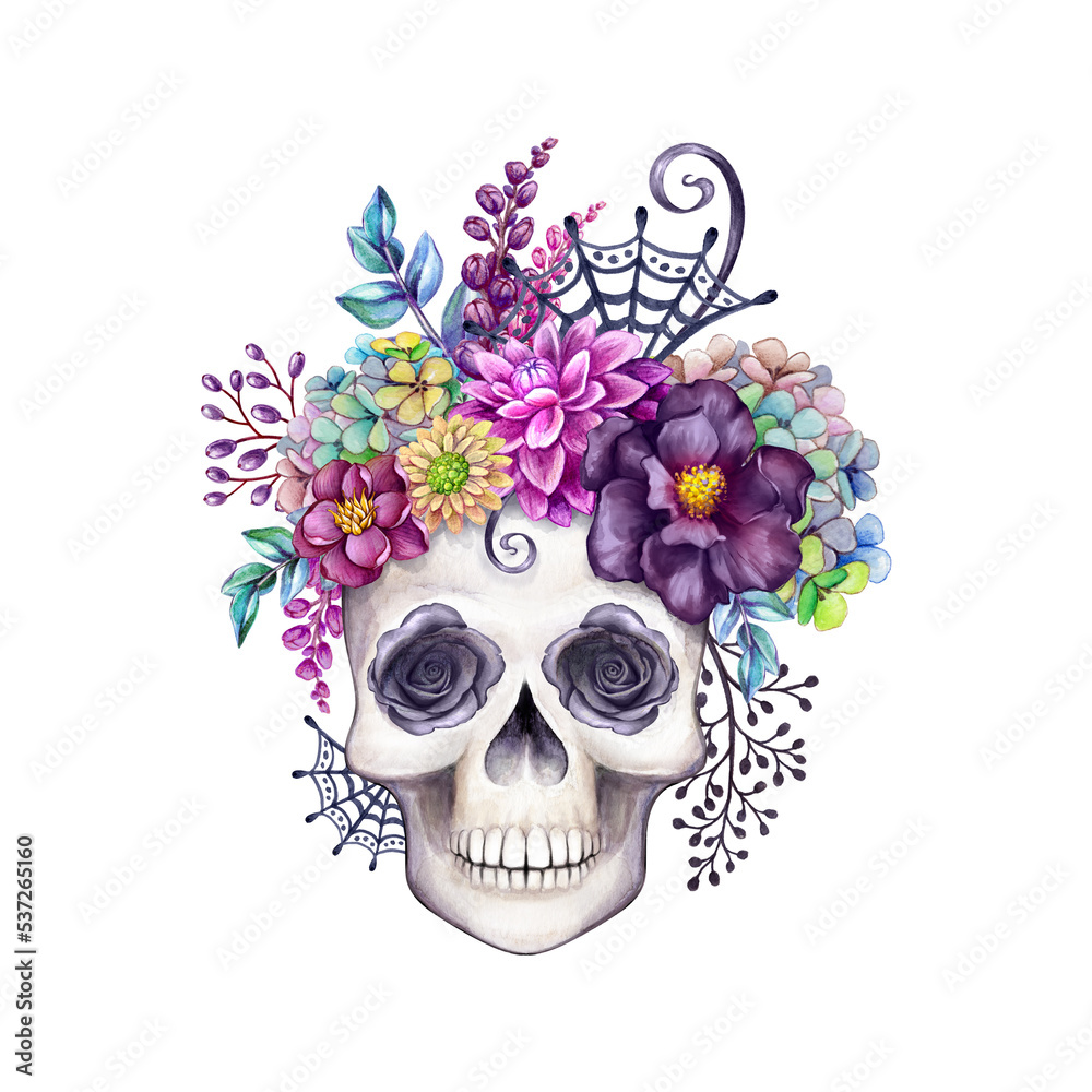 Human skull embellished with flowers. Festive watercolor ... - Clip Art ...