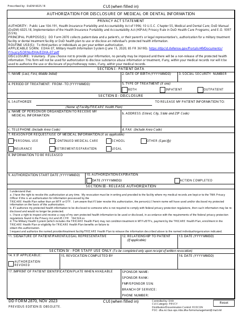 DD Form 2870 Download Fillable PDF or Fill Online Authorization ...