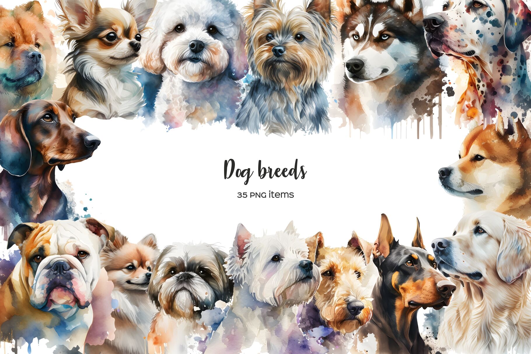 Watercolor dog breeds clipart. Dogs clip art. Dog types 35 PNG ...