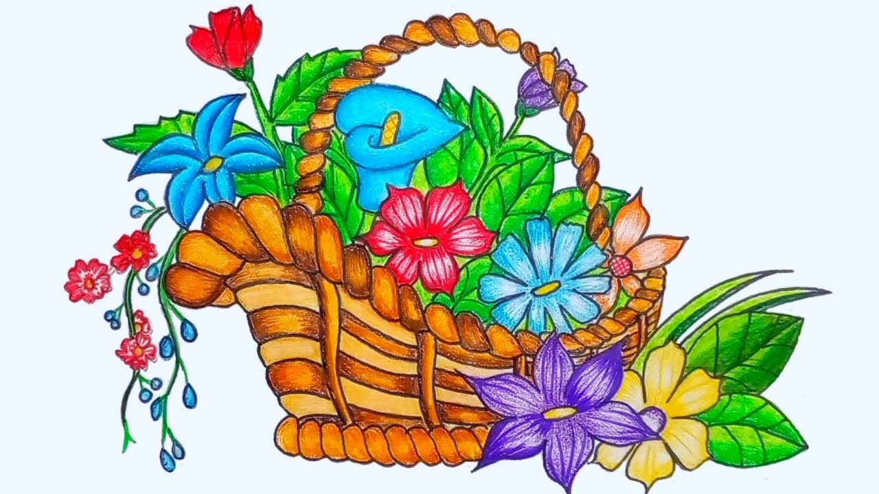 How to draw Flower Basket easy step by step | Flower basket drawing ...