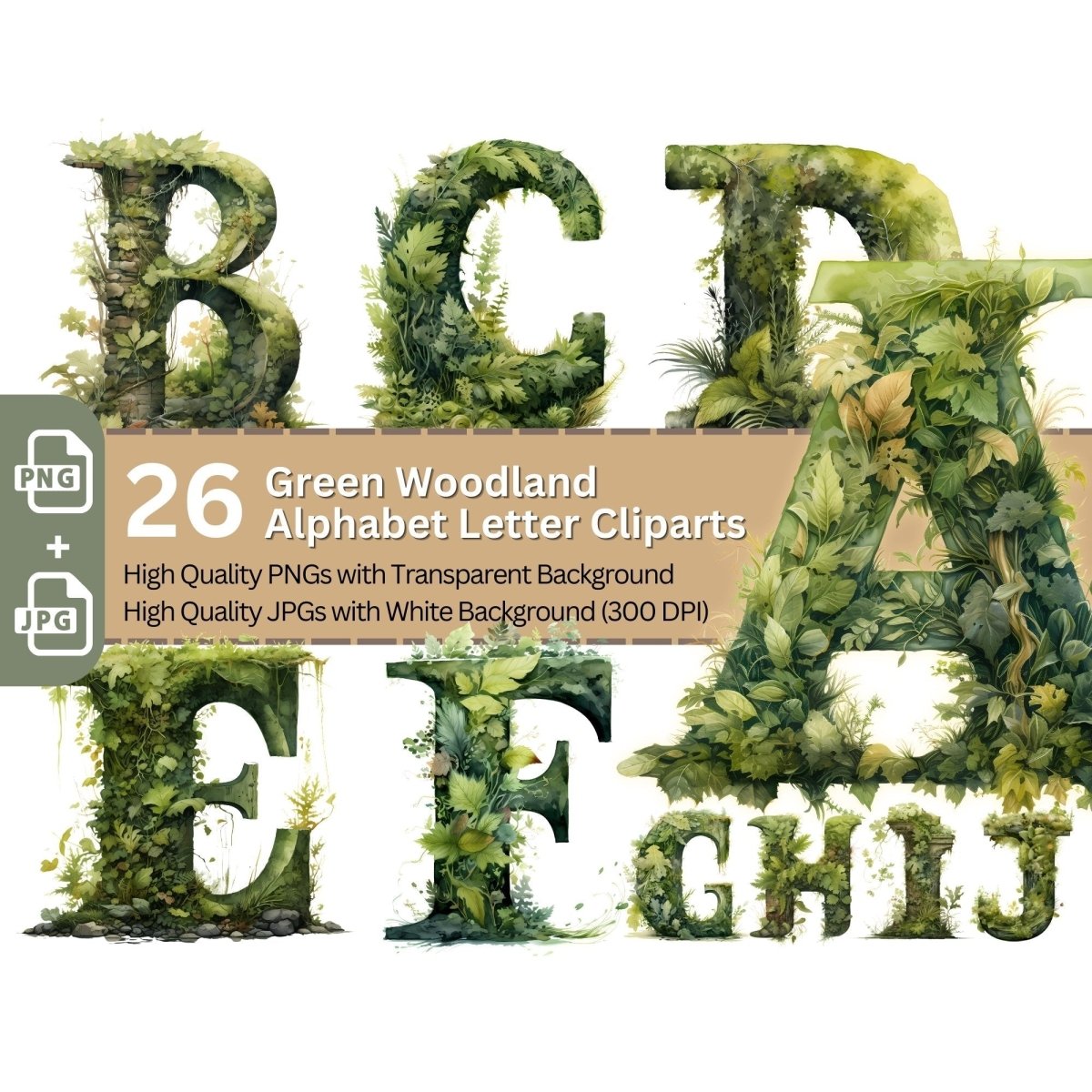 Green Woodland Alphabet 26x PNG Clip Art Bundle Fancy Letters for ...