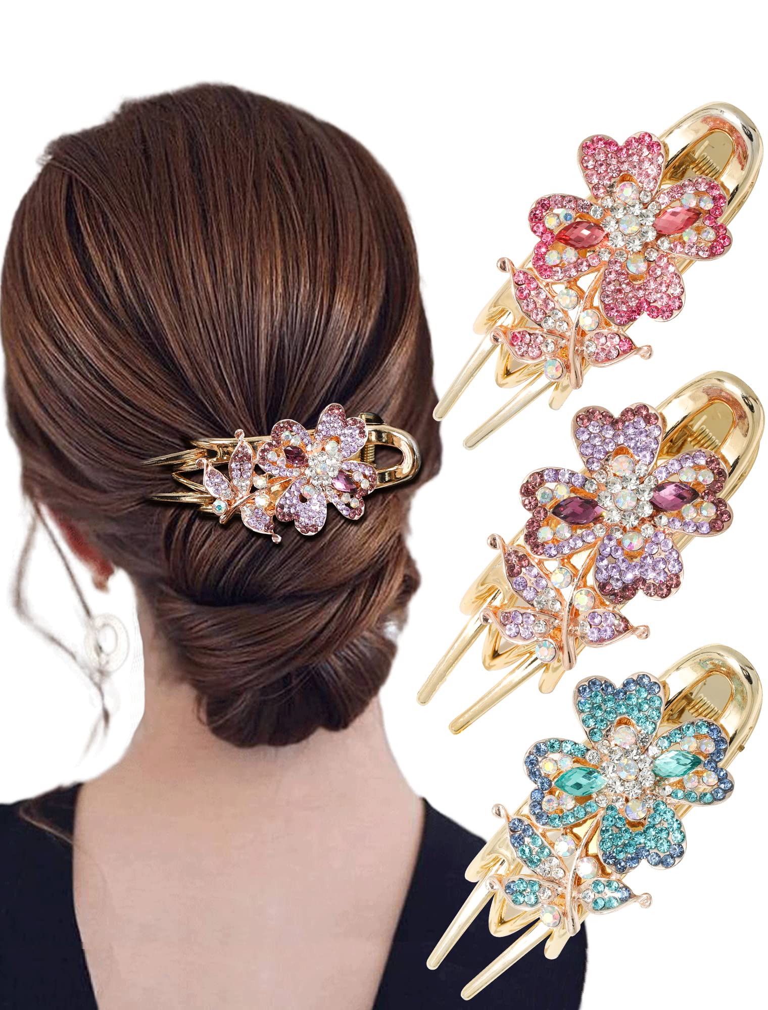 Rhinestones Flower Hair Clips 3pcs Crystal Butterfly Claw Clips ...