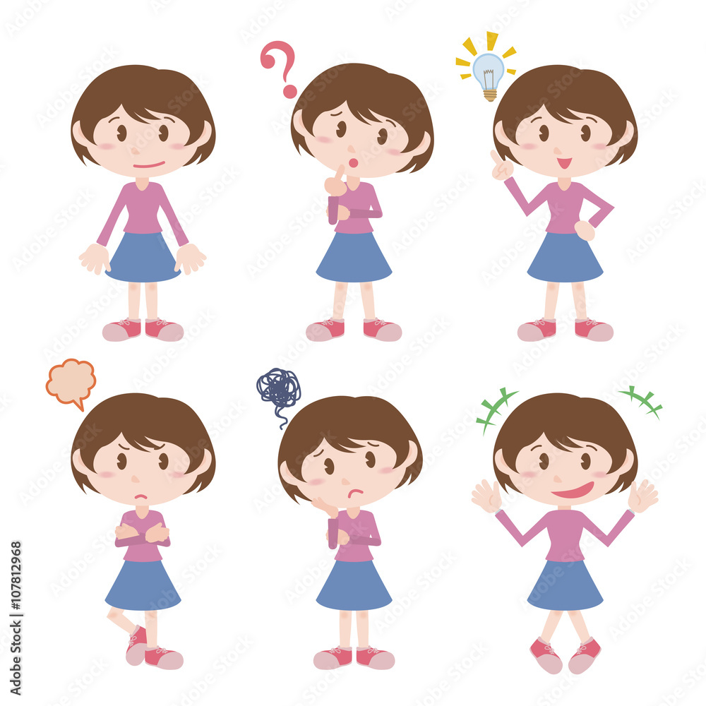 young girl character various feeling clip art set, vector ... - Clip ...