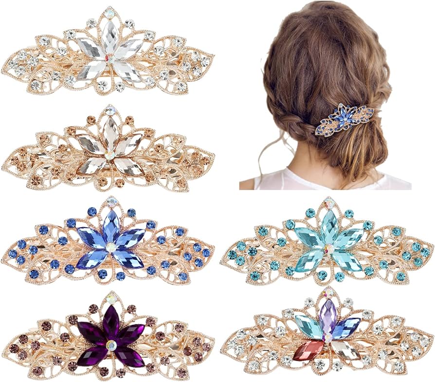 6 Pieces Fancy Delicate Gems Rhinestone Sparkly Flower French Hair ...