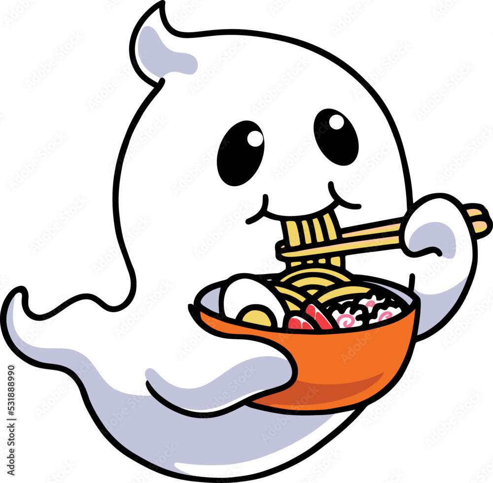 Vector illustration of a cute cartoon ghost eating ramen isolated ...