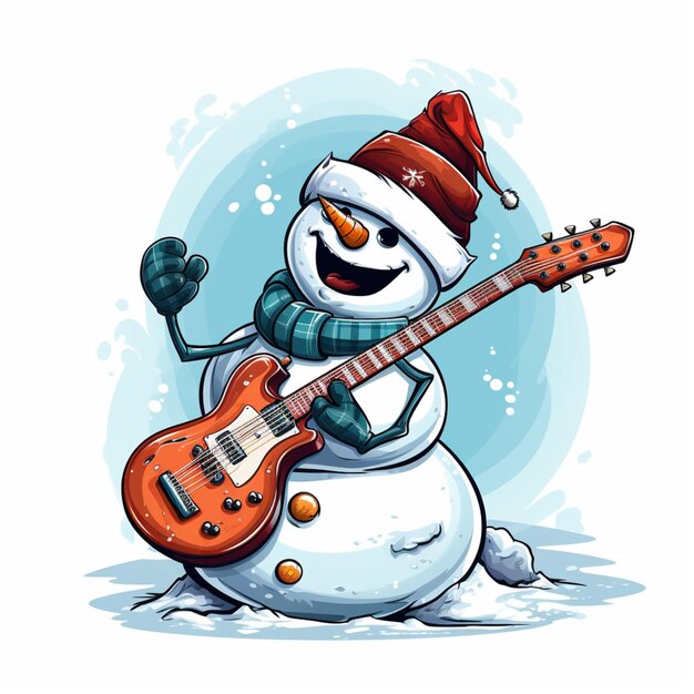 Premium Photo | Cartoon snowman with a guitar and hat playing a ...