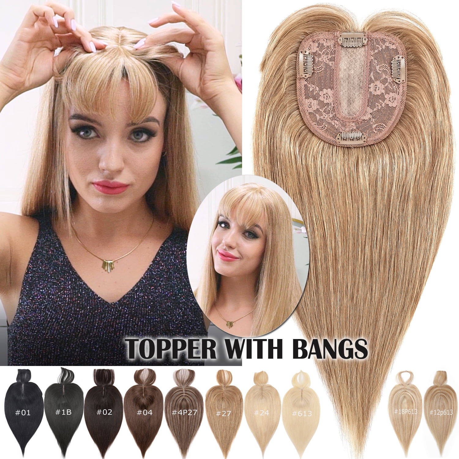 35 cm Straight Hair Topper with Fringe for Thinning Hair Women Clip in ...