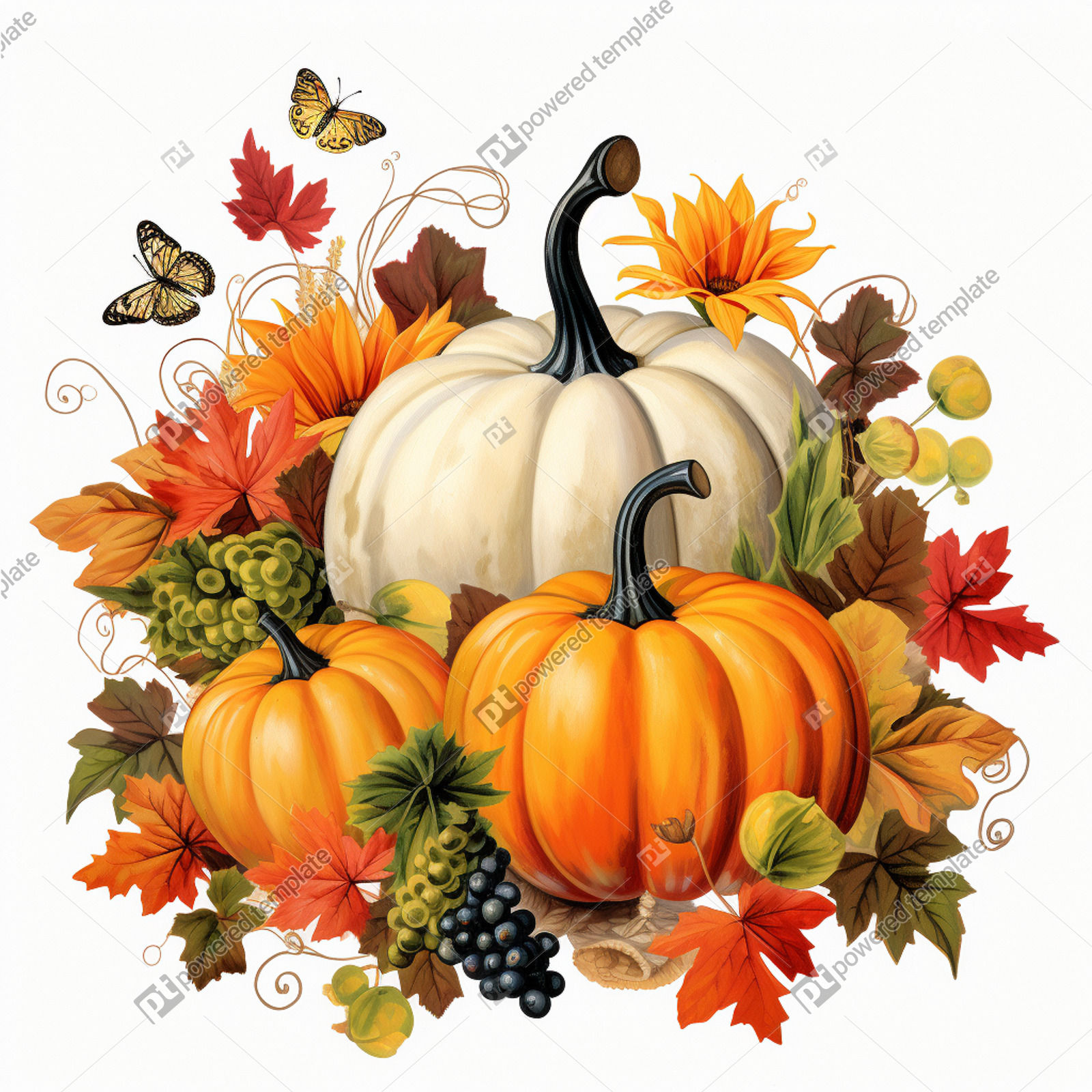 Autumn Harvest Clip Art Pumpkins Fruits and Flowers on White ... - Clip ...