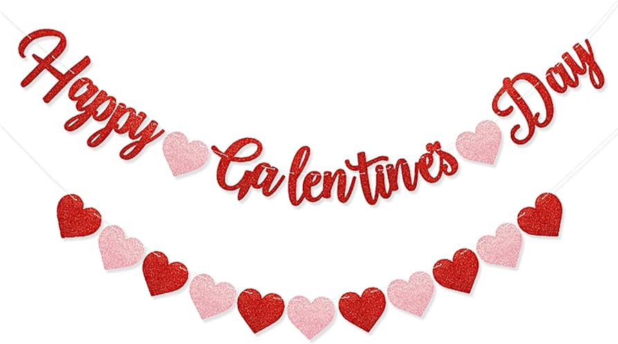 Red Glittery Happy Galentines Day Garland and Red Pink Glitter Heart ...